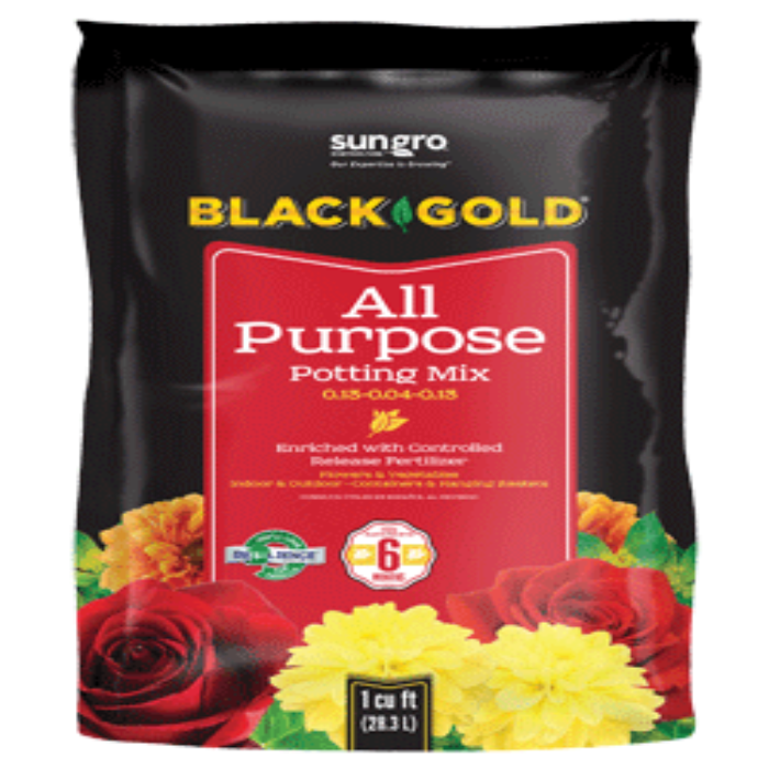 Sungro Black Gold All-Purpose Potting Mix: 16-quart bag, enriched with controlled-release fertilizer for flowers & vegetables.
