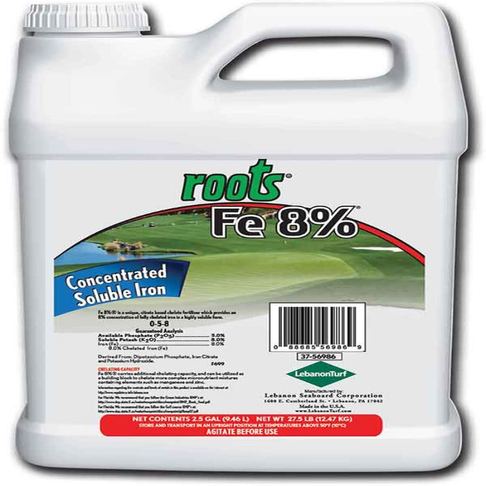 ROOTS Fe 8% Concentrated Soluble Iron, 2.5 gal jug, 8% chelated iron for lush lawns.
