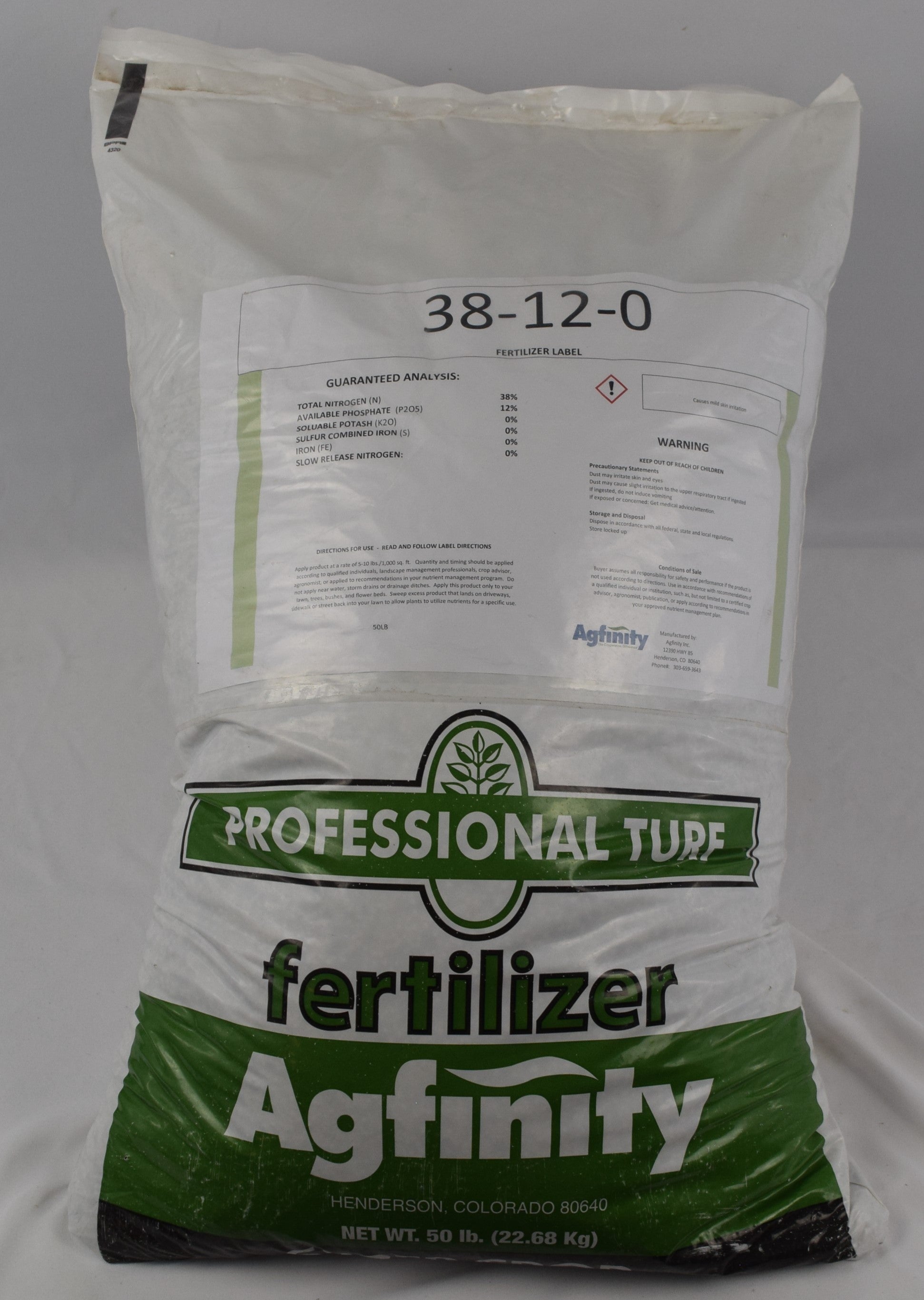 50 lb bag of 38-12-0 professional turf fertilizer;  pre-plant application instructions included.
