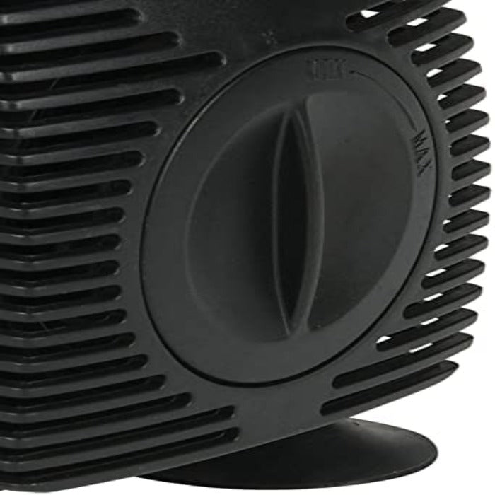 Black magnetic drive pond pump with ribbed casing and flow control dial.
