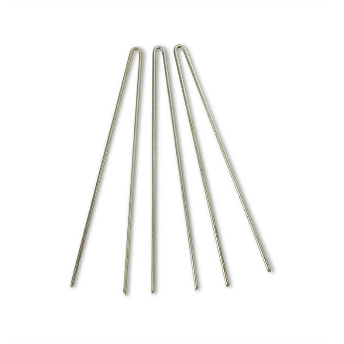 Four galvanized steel edging pins, 10 inches long, arranged on a white background.
