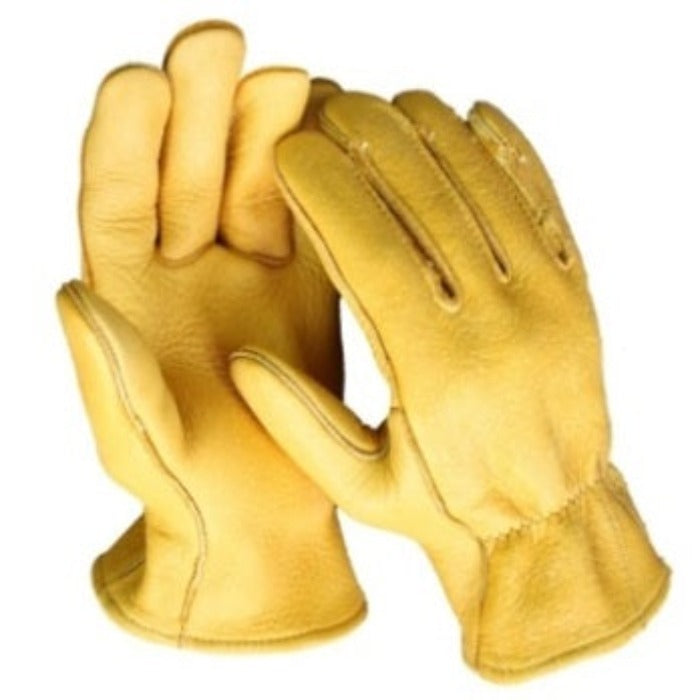 Unlined elk skin gloves, pale yellow, shown against a white background.
