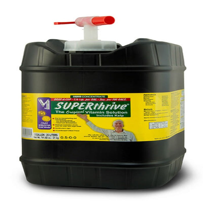 Five-gallon Superthrive liquid plant nutrient jug with dispensing tap; includes kelp.
