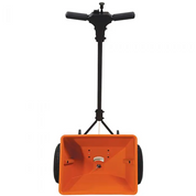 Orange 50lb capacity spreader with black frame and wheels, ideal for lawn care.
