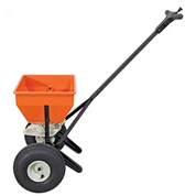 Orange 50lb capacity spreader with black metal handle and wheels, shown against a white background.
