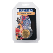 Solid brass seedling nozzle shown in packaging with colorful floral and produce artwork.
