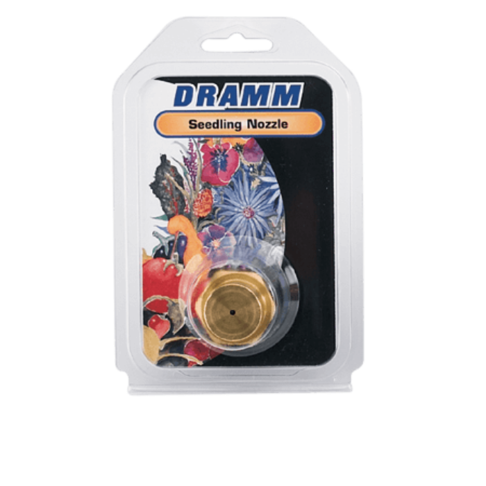 Solid brass seedling nozzle shown in packaging with colorful floral and produce artwork.
