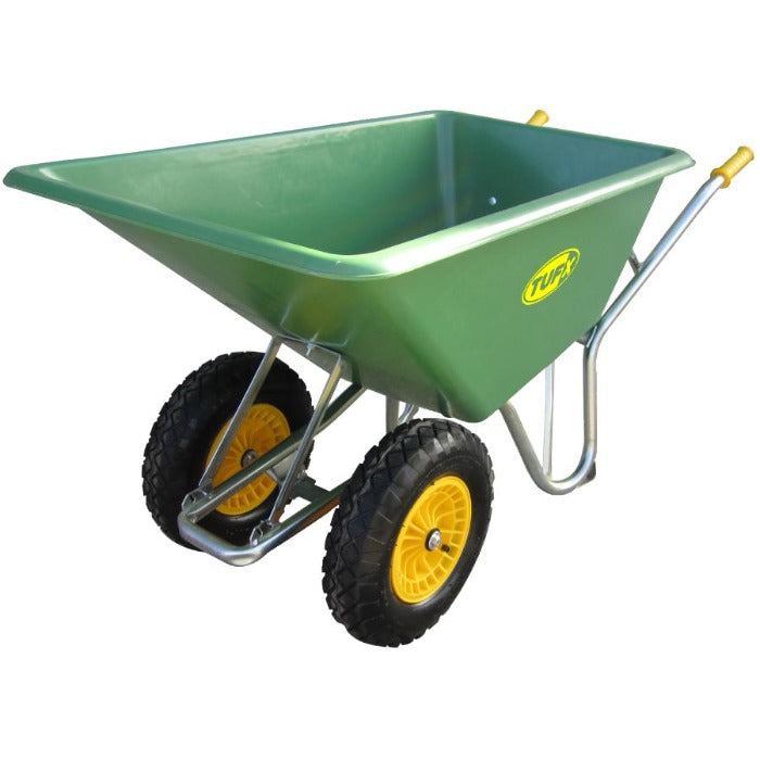 TUFX Wheelbarrow, 10 cubic foot capacity, green plastic body, heavy-duty twin wheels.
