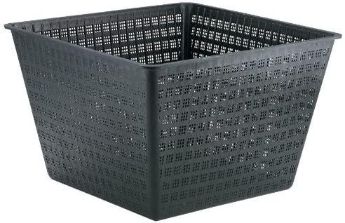Black plastic aquatic plant basket with drainage holes for pond use.

