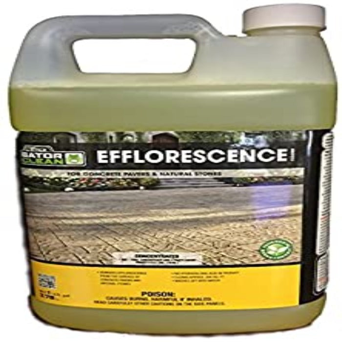 Yellow efflorescence cleaner for concrete and natural stone, shown in a large plastic jug.
