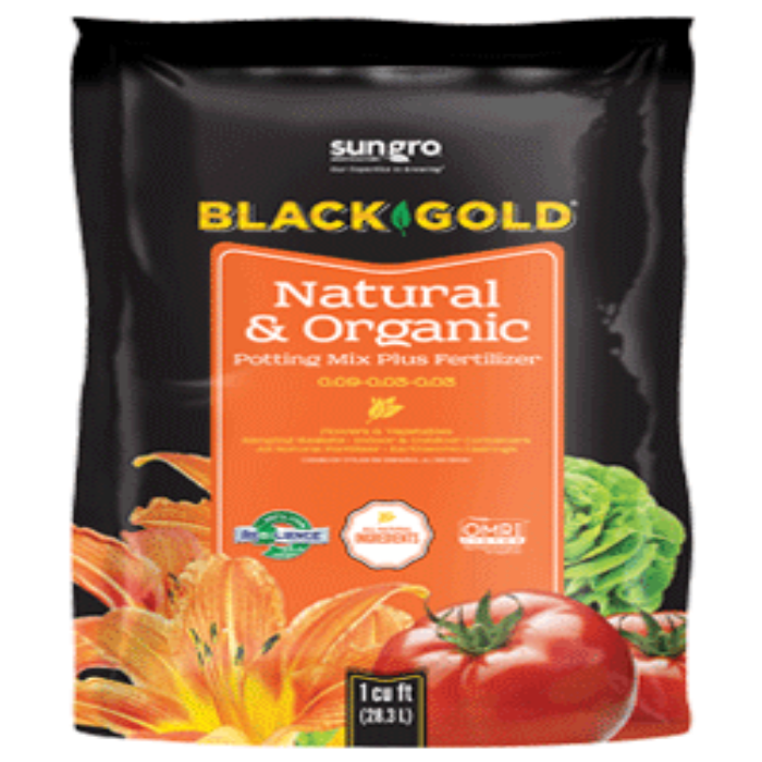 Sungro Black Gold Natural & Organic Potting Mix Plus Fertilizer, 1 cu ft bag, for growing vegetables & flowers.

