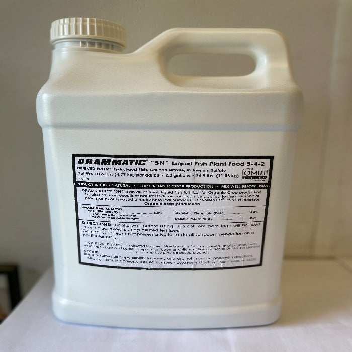 DRAMMATIC "5N" Organic Liquid Fish Plant Food 5-4-2: 10.6 lbs (4.77 kg), OMRI Listed, for organic crop production.

