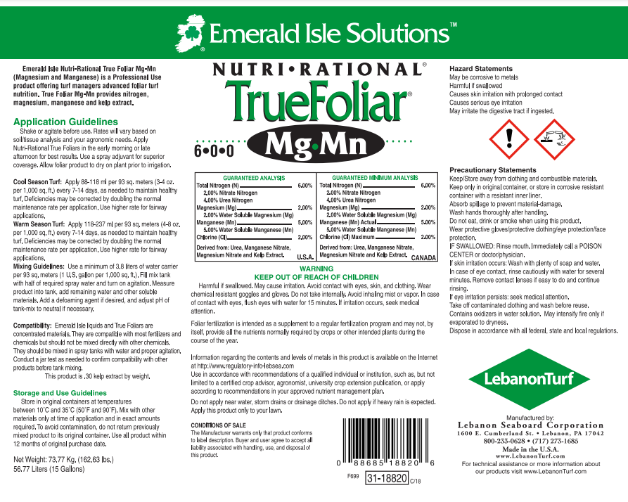 Foliar fertilizer label:  Mg & Mn blend for turf, application guidelines & safety precautions included.
