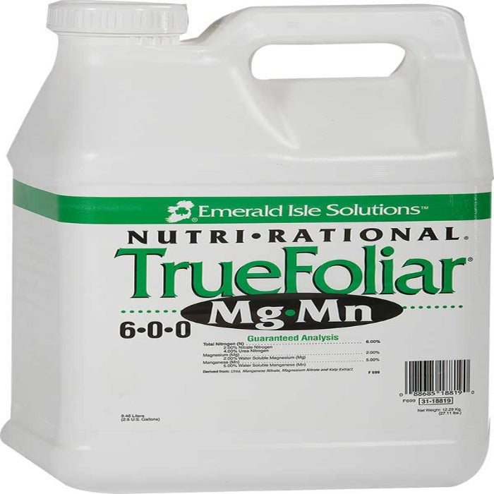 Emerald Isle Solutions TrueFoliar Mg Mn 6-0-0: 6-0-0 liquid fertilizer with 6% total nitrogen, 2% water soluble magnesium, and 5% water soluble manganese.
