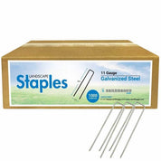 Box of 1000 galvanized steel landscape staples, 6 inches long, shown with individual staples.
