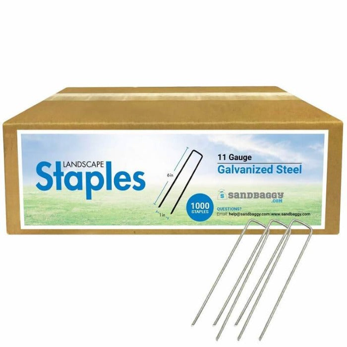Box of 1000 galvanized steel landscape staples, 6 inches long, shown with individual staples.
