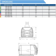 Magnetic drive pond pump dimensions with specifications chart.
