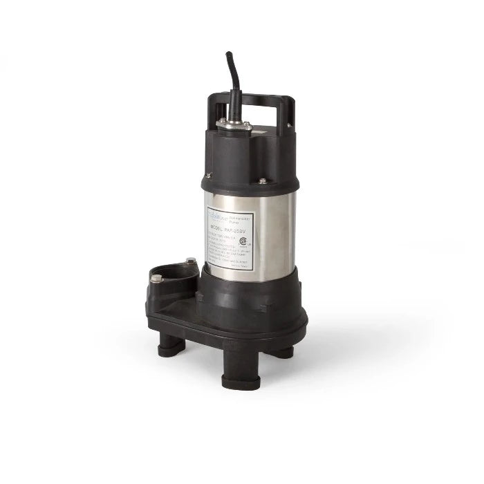 Stainless steel direct drive pump with black plastic base, shown on a white background.
