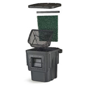 Pond filter system components:  black plastic filter unit, mesh debris net, green filter pad, and cover.
