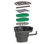Exploded view of a pond filter system, showcasing its components: a black plastic container, green filter pads, and various black plastic parts.
