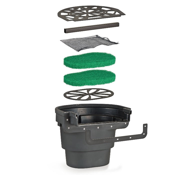 Exploded view of a pond filter system, showcasing its components: a black plastic container, green filter pads, and various black plastic parts.
