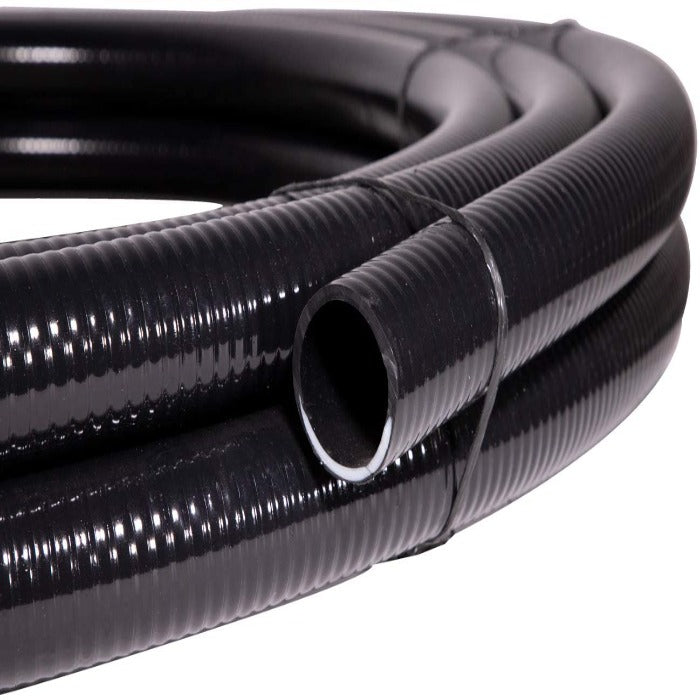 Black flexible PVC pipe, coiled and ready for use.
