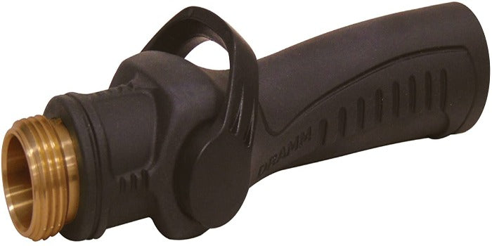 Dramm One Touch Valve: black plastic, brass fitting, ergonomic handle for easy grip.
