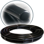 Black flexible PVC pipe coiled and banded, close-up view.
