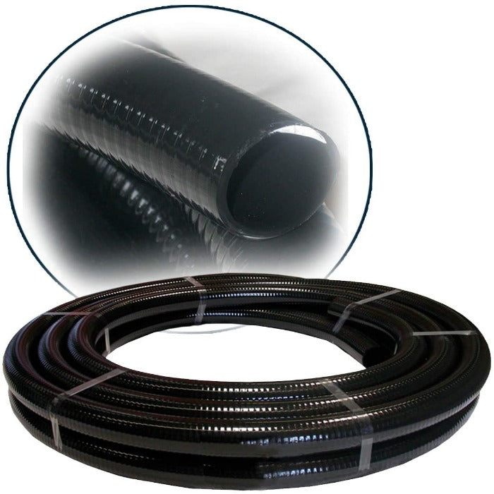 Black flexible PVC pipe coiled and banded, close-up view.
