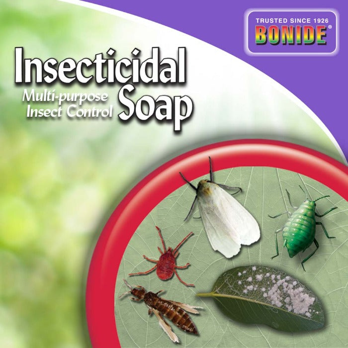 Ready-to-use insecticidal soap product label showing various insects on a leaf.
