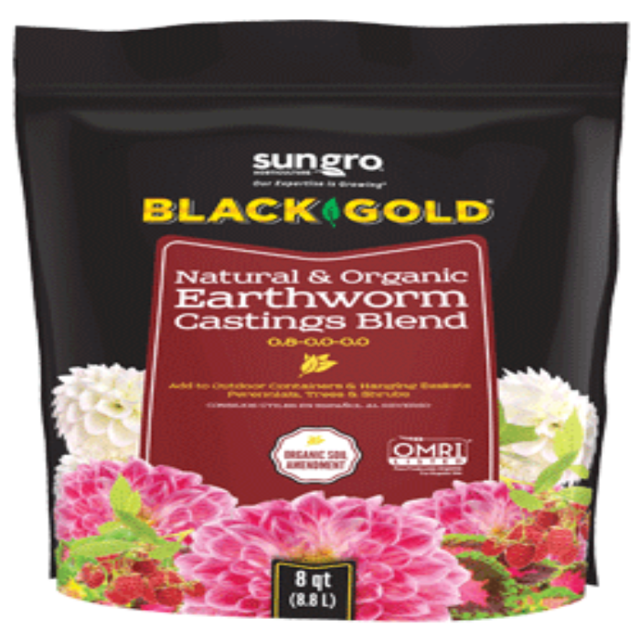 Sungro Black Gold Natural & Organic Earthworm Castings Blend, 8 qt (8.8 L), 0.0-0.0-0.0, OMRI Listed, for outdoor containers, perennials, trees & shrubs
