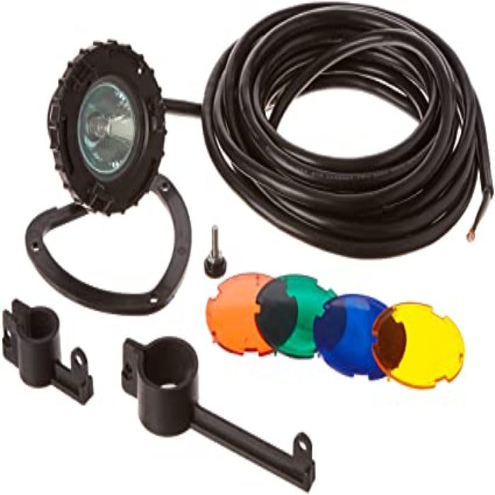 Little Giant Submersible LV Light with cord, mounting brackets, and color filters.
