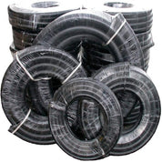 Black flexible PVC piping coils, bundled and shrink-wrapped for sale.
