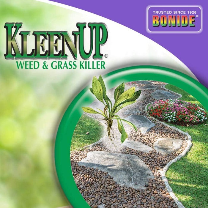 Ready-to-use weed and grass killer product image; showcasing garden path & thriving flowers.
