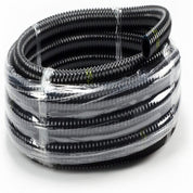 Black flexible PVC conduit, tightly bundled in plastic wrap.
