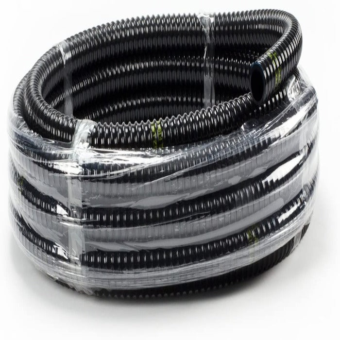 Black flexible PVC conduit, tightly bundled in plastic wrap.

