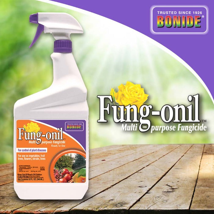 Bonide Fung-onil Ready-to-Use Multi-purpose Fungicide, 32 fl oz, controls plant diseases on vegetables, fruit, trees, flowers, & shrubs.
