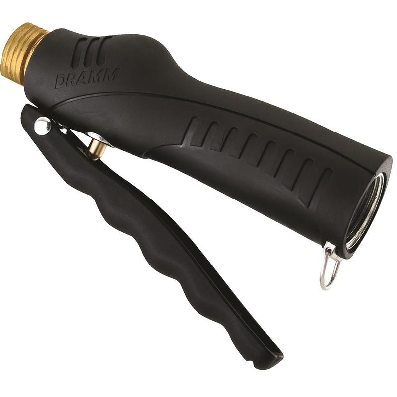 Dramm Touch 'n Flow Pro Valve: Black plastic ergonomic handle, brass fitting, for easy fluid control.
