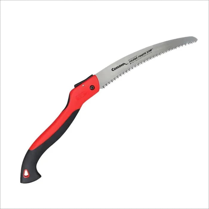 Corona RazorTOOTH Folding Saw: 8-inch curved blade, red and black handle.
