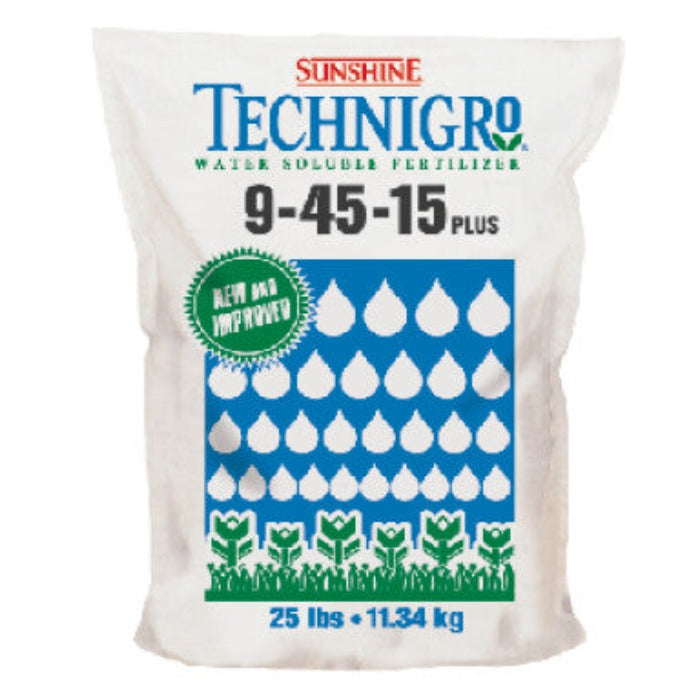 Sunshine Technigro 9-45-15 Plus Plant Starter: 25 lb bag of water-soluble fertilizer for lush plant growth.
