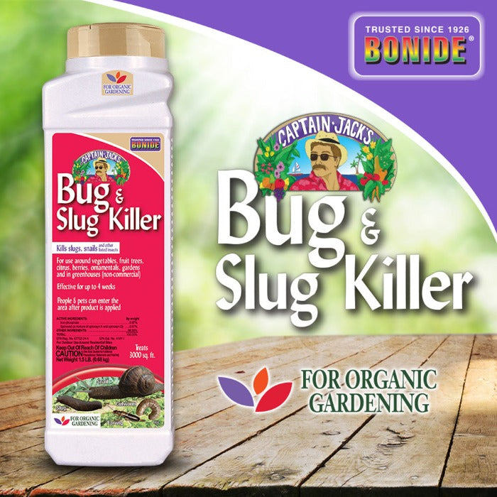 Bonide Captain Jack's Bug & Slug Killer: 1.5 lb, treats 3000 sq ft, effective for up to 4 weeks, for organic gardening.
