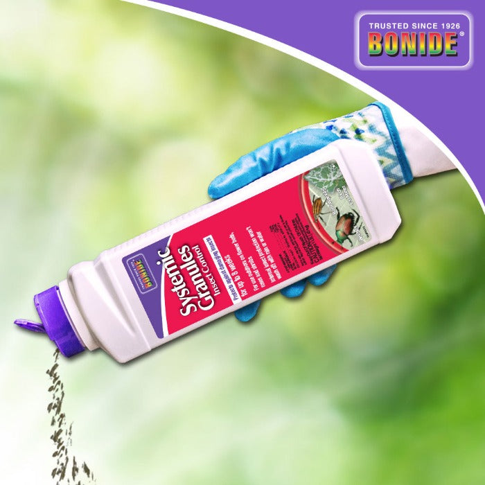 Insect control granules being applied to a garden, providing up to 8 weeks of protection.
