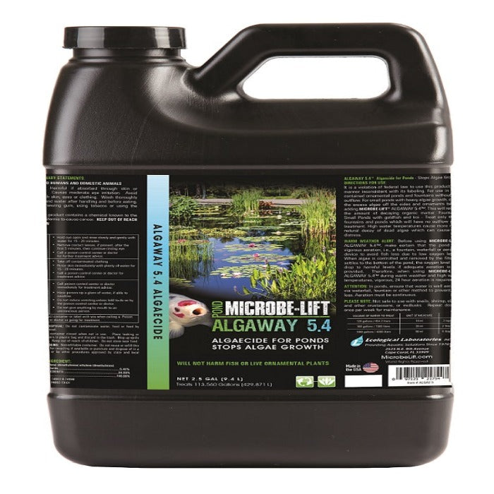 Pond algaecide product label; 2.5-gallon jug, showcasing serene pond scene.
