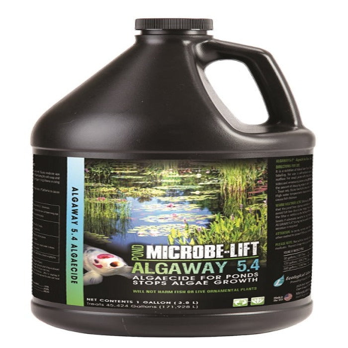 One-gallon jug of algaecide for ponds, featuring an idyllic pond scene on the label.
