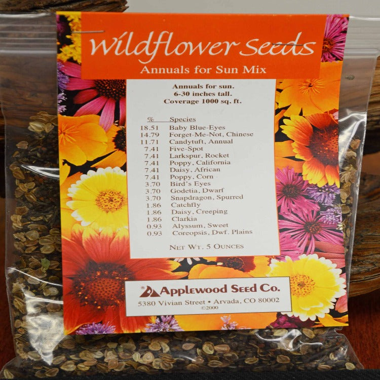 Applewood Seed Co. Wildflower Seeds Annuals for Sun Mix, 5 oz:  6-30" tall, covers 1000 sq ft, includes Baby Blue-Eyes, Forget-Me-Nots & more.
