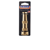 Gold brass adjustable hose nozzle on black packaging, made in the USA.
