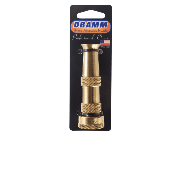 Gold brass adjustable hose nozzle on black packaging, made in the USA.
