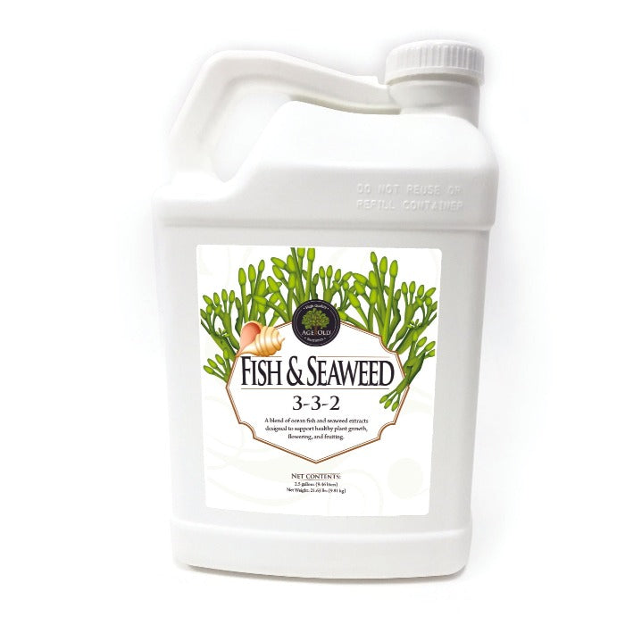 Age Old Fish & Seaweed 3-3-2: 2.5-gallon jug of plant fertilizer blend for healthy growth, flowering & fruiting.
