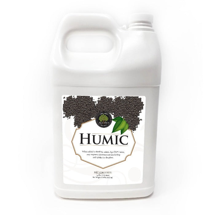 Age Old Humic Acid, 1 gallon jug, improves nutrient availability & uptake in plants.
