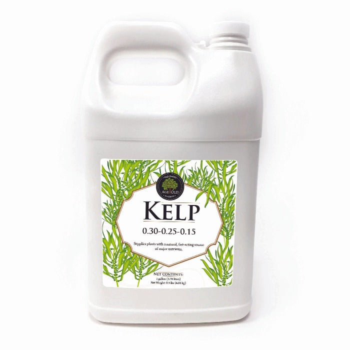 Age Old Liquid Kelp 0.30-0.25-0.15: 1-gallon jug of natural, fast-acting plant fertilizer.
